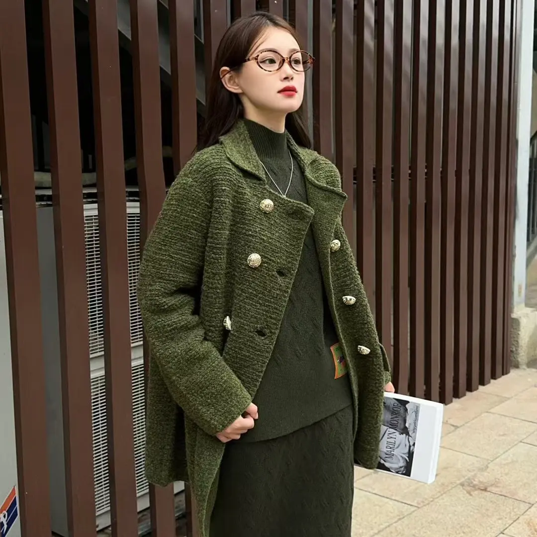 秋冬新款双面混纺短款宽松百搭通勤简约气质毛呢大衣外套