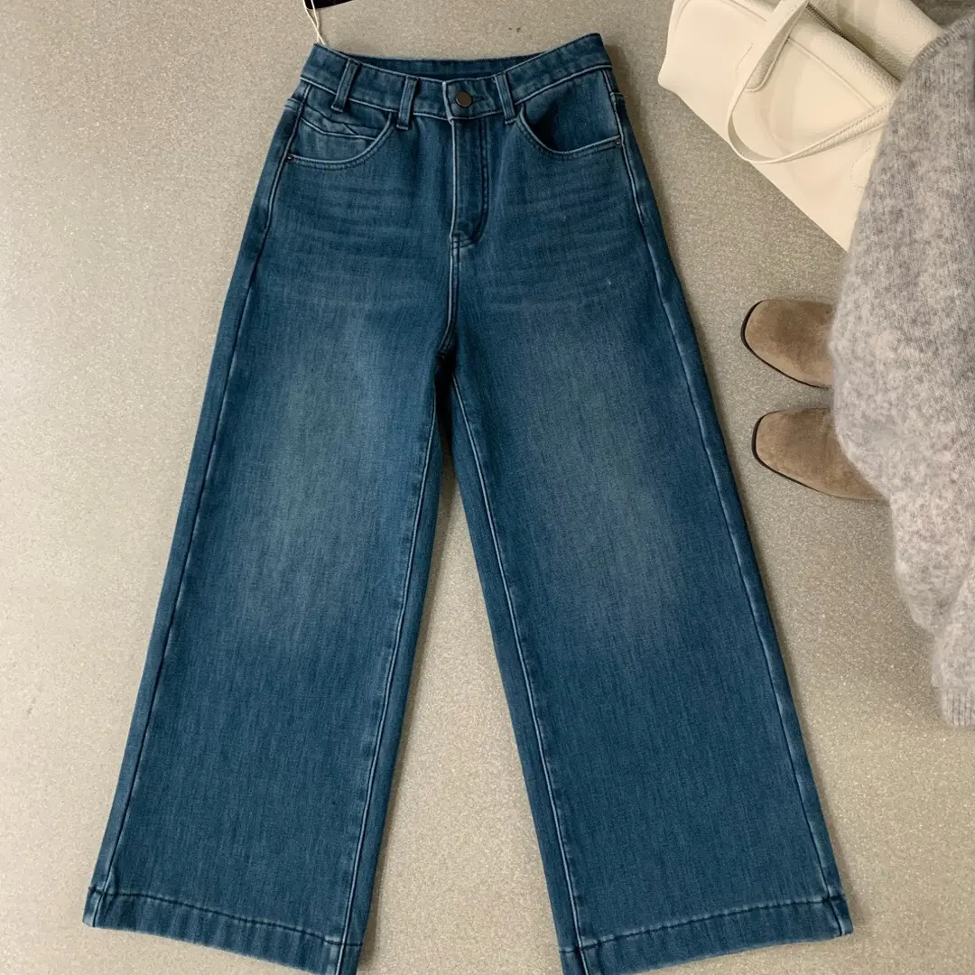 小个子深蓝色高腰显瘦直筒牛仔裤女植绒保暖百搭休闲九分裤秋冬