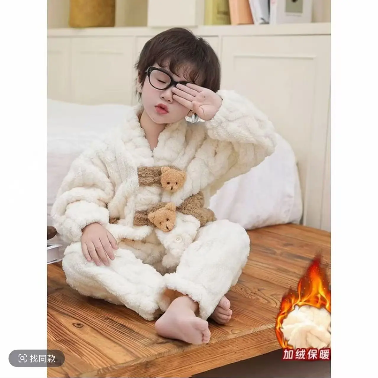 冬季儿童加绒保暖可爱熊耳朵家居服睡衣