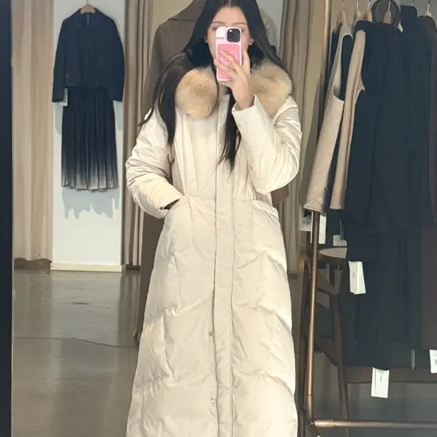 冬季领中长款连帽加厚防风纯色外套女