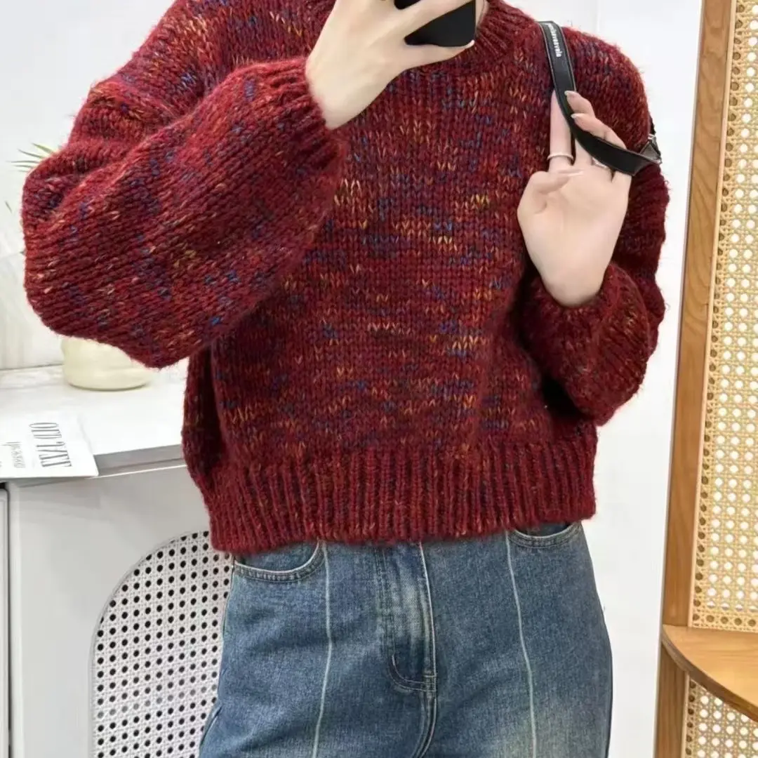 韩系重工复古花纱慵懒风软糯毛衣女秋冬宽松显瘦加厚套头针织衫