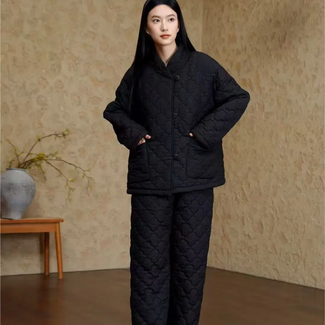 冬季新款三层夹棉加绒加厚保暖翻领时尚可外穿女家居服睡衣套装