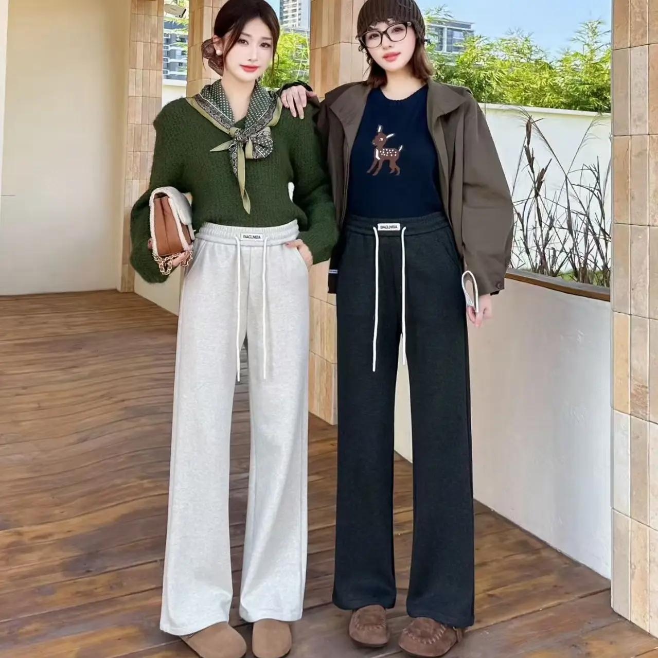 2025秋冬新款加绒加厚小个子羊绒窄版高腰直筒裤阔腿裤显瘦百搭