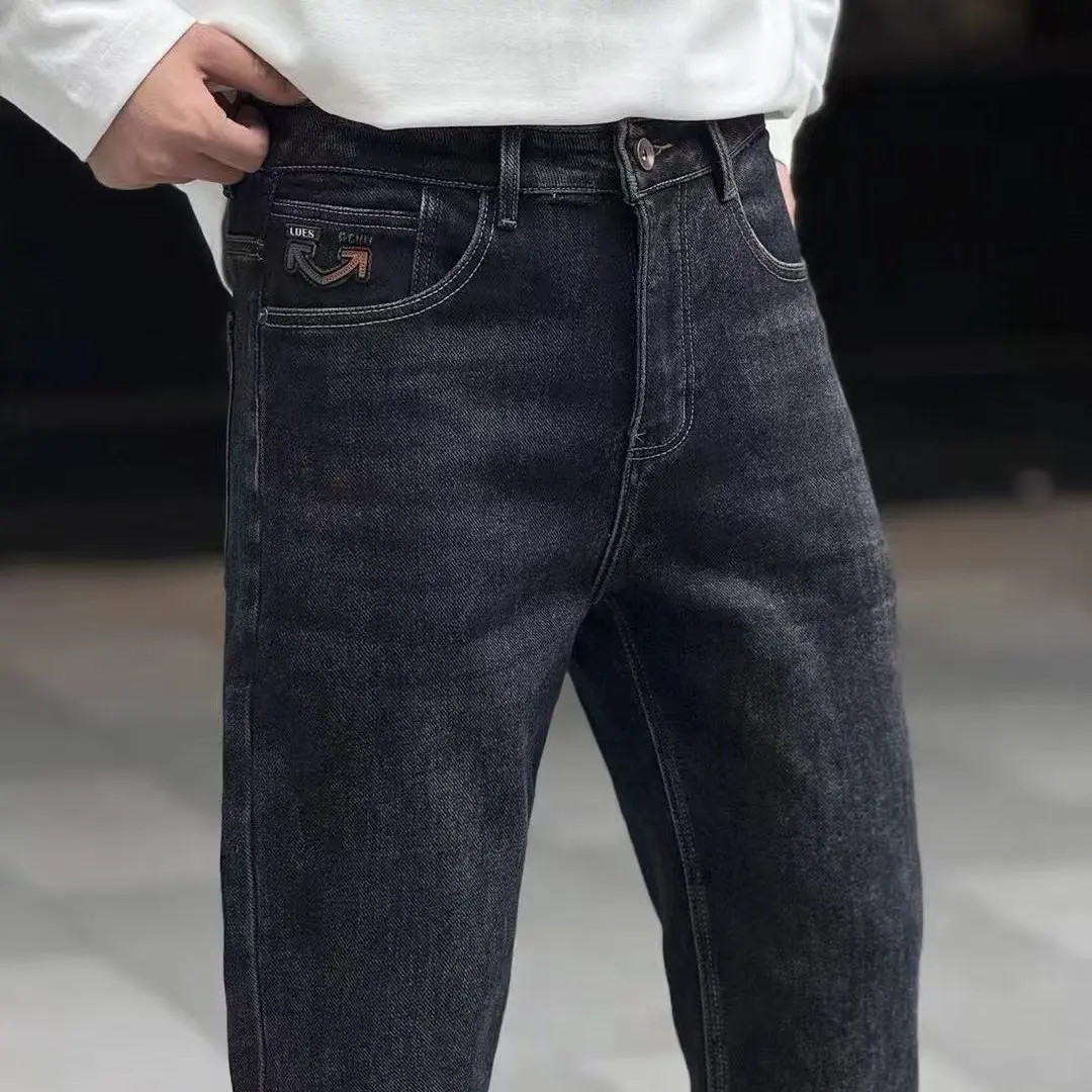 韩式植绒秋冬男士深蓝小脚牛仔裤男裤时尚春秋水洗