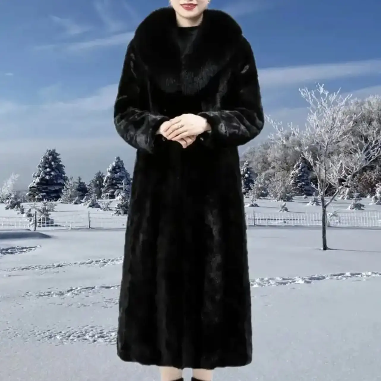 长款女毛领极简风长款黑色系包袖拼接皮草