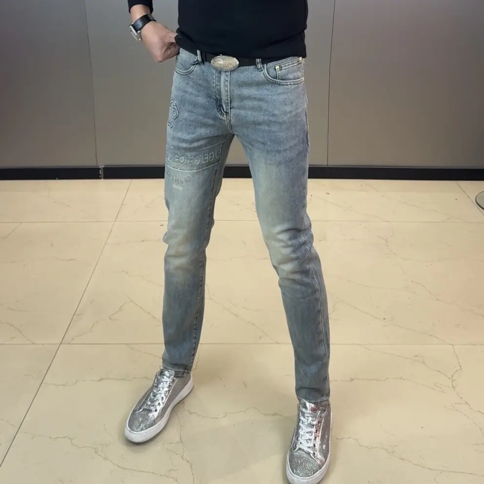 春夏牛仔裤弹力立体浮标蓝色个性修身夏季直筒百搭小脚牛仔裤1010