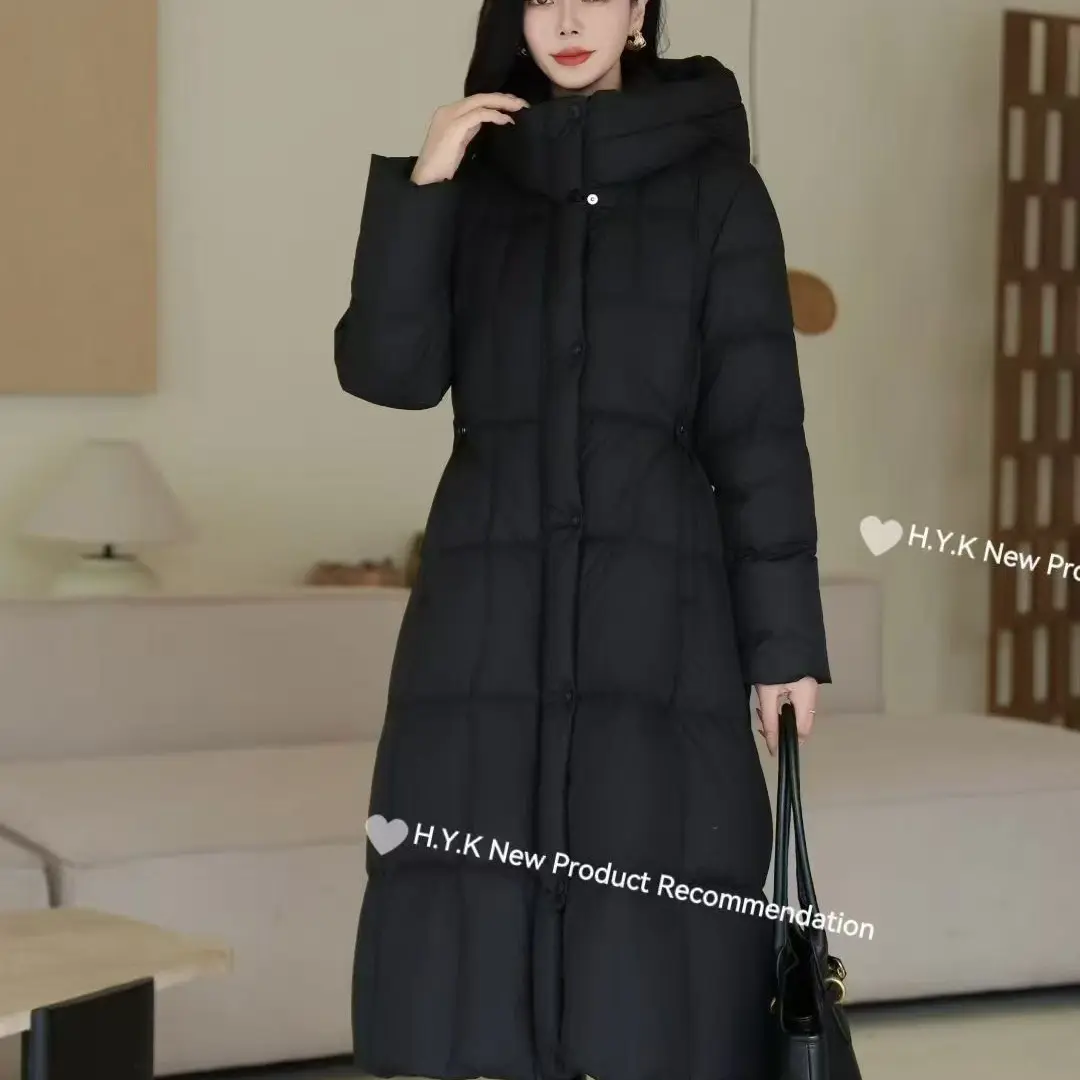 白鸭绒长款收腰连帽女冬季优雅气质修身显瘦保暖外套