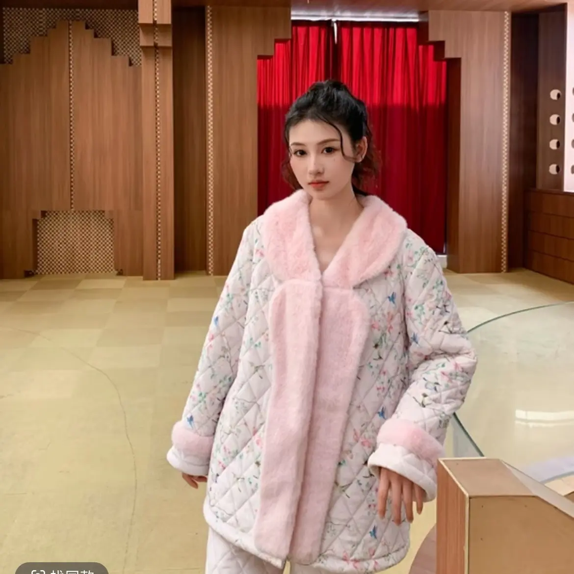 花织梦冬季三层夹棉加厚加绒保暖女士可外穿家居服套装
