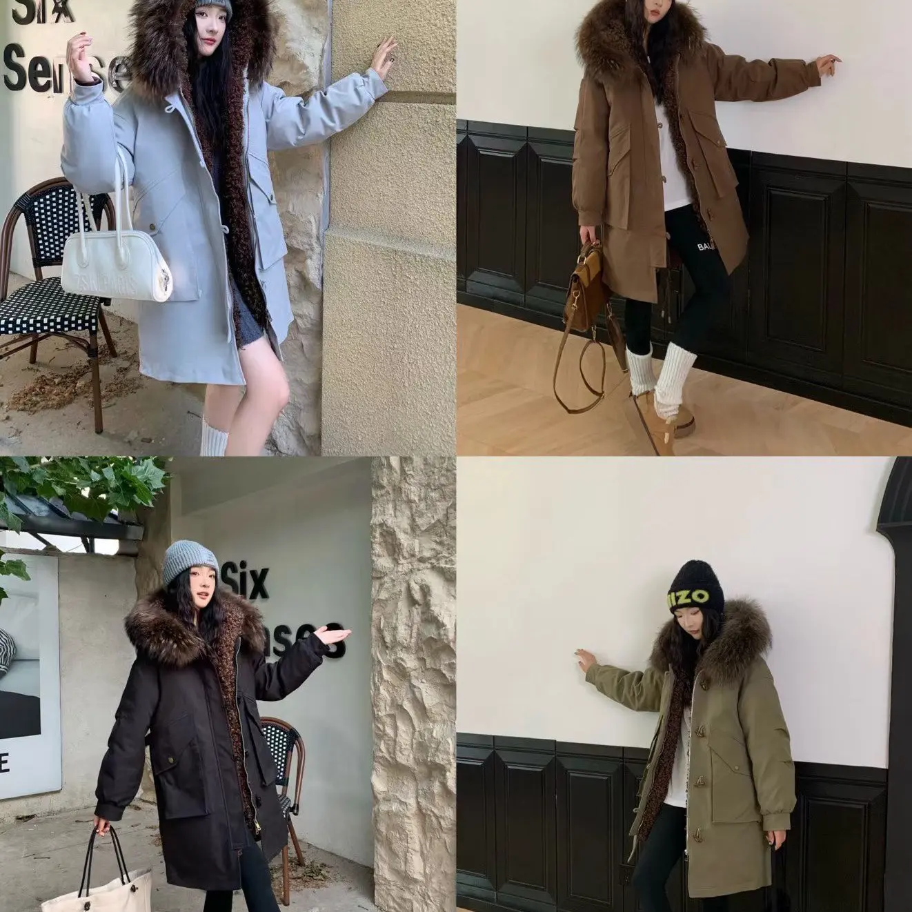 女中长款冬季宽松休闲时尚皮草内胆派克服连帽加厚工装外套兔毛袖