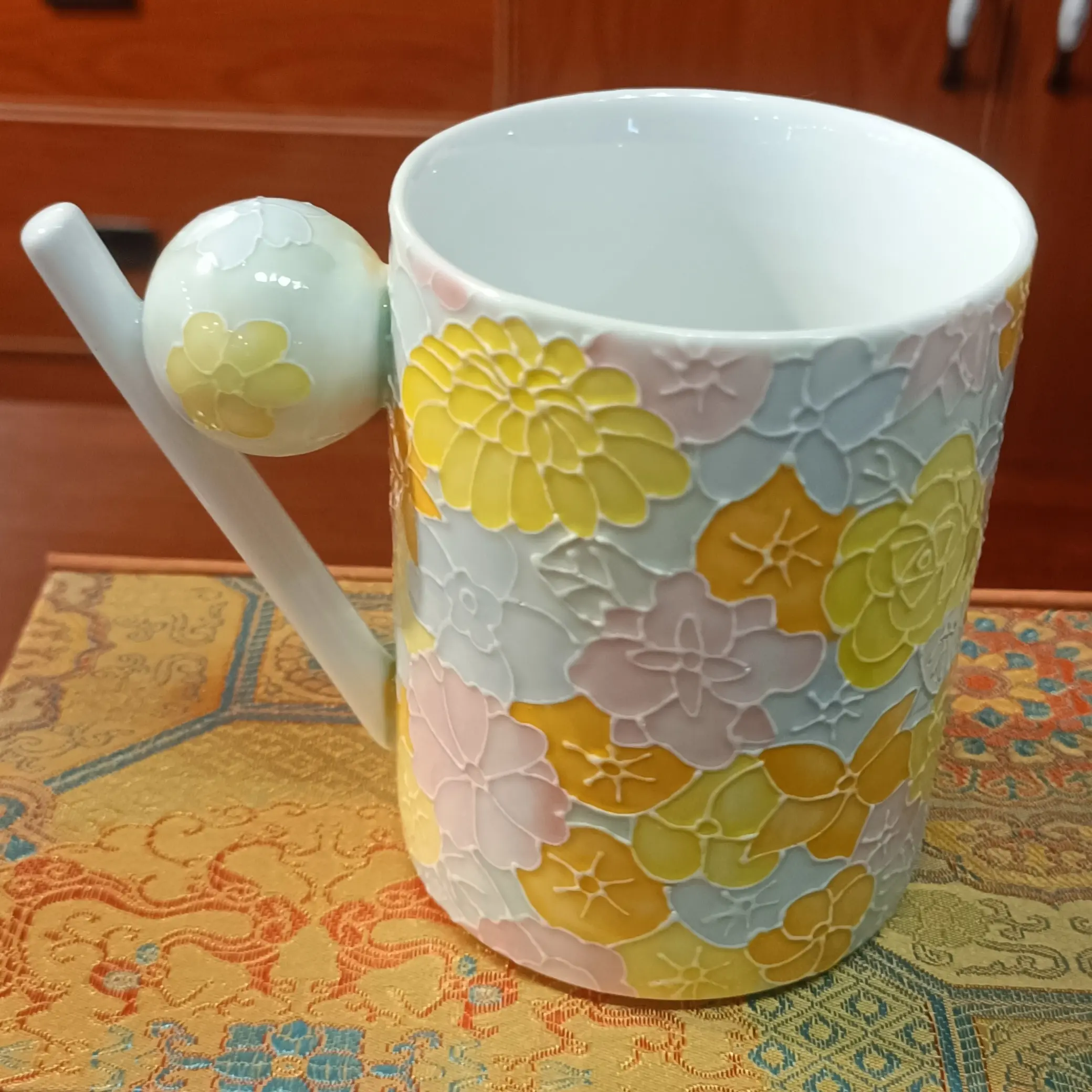 景德镇立体浮雕万花马克杯八方咖啡杯大容量办公立体花朵陶瓷杯