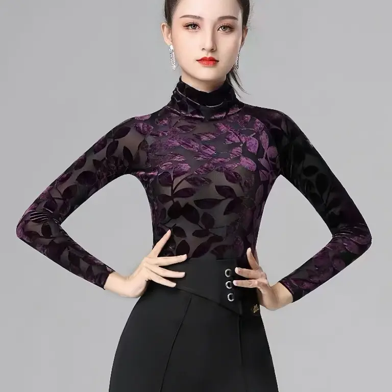 新款长袖女装秋冬洋气植绒高领拉丁舞摩登舞连体自带胸垫练功服