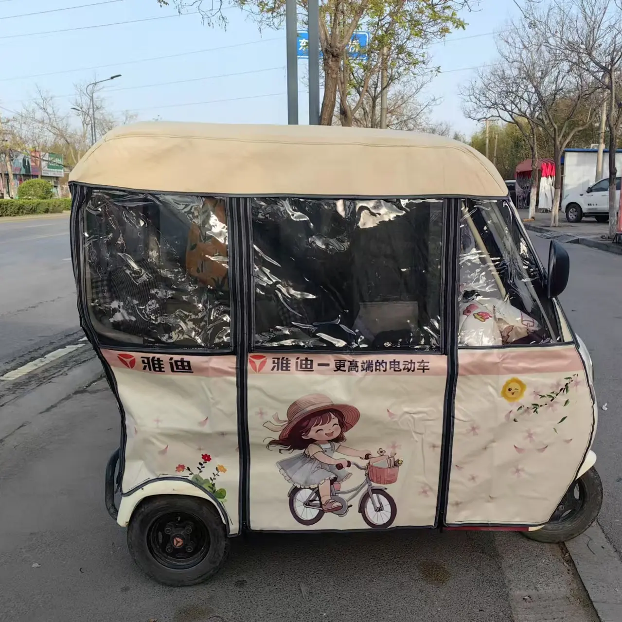 雅迪c18电动三轮车一体车棚雨帘加厚防晒带网纱冬夏两用卡通