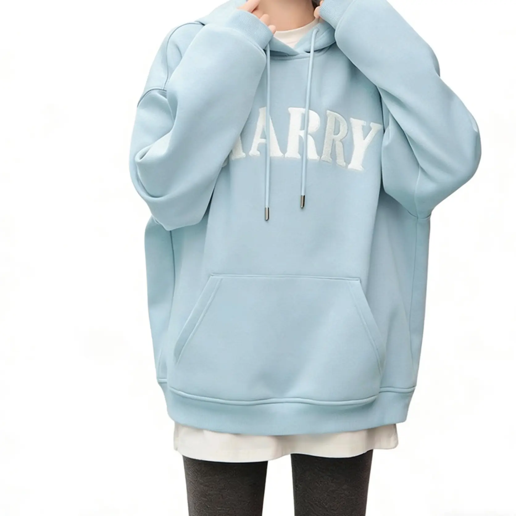 海盐椰椰 连帽卫衣女秋冬宽松字母刺绣休闲外套中长款慵懒风上衣