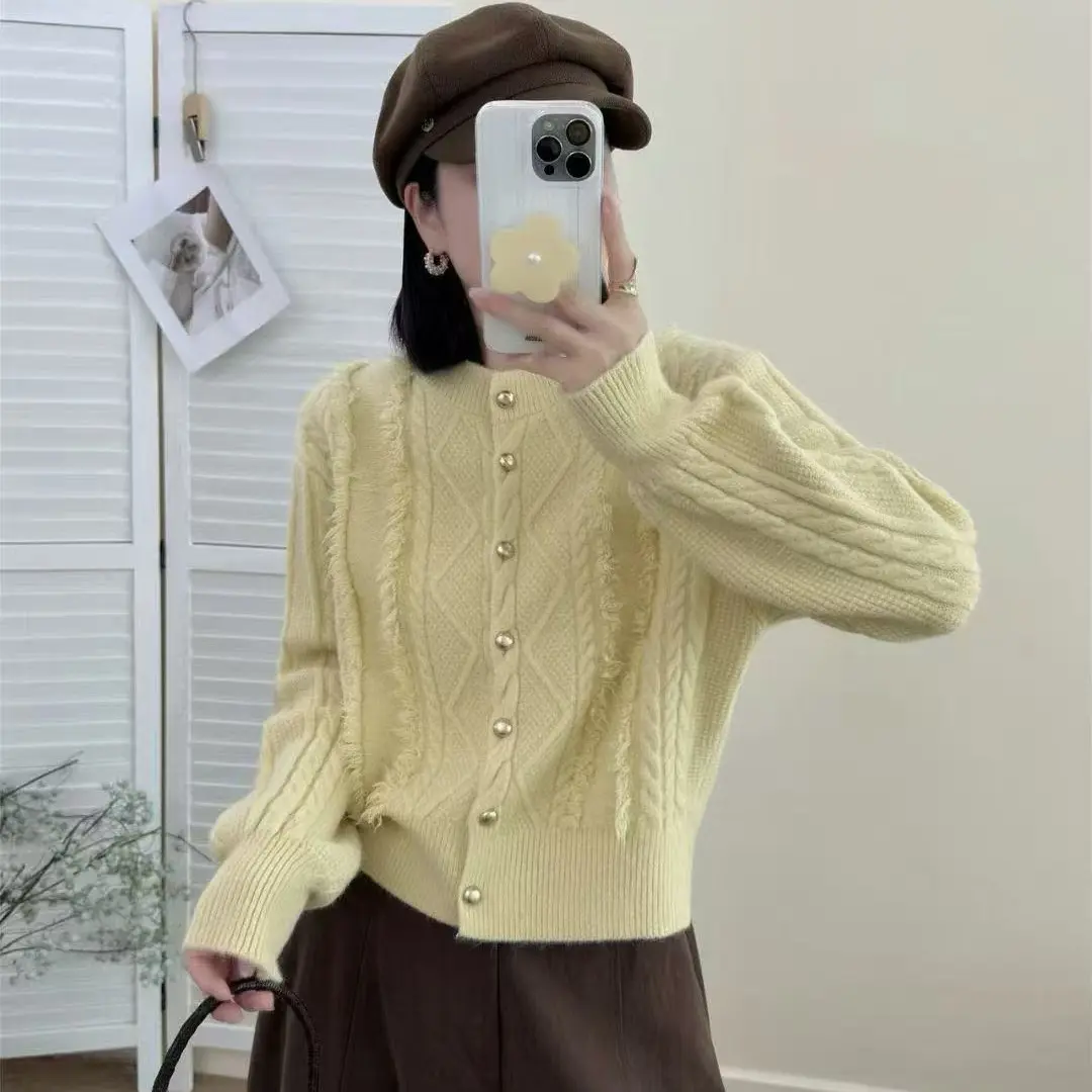 复古麻花圆领针织开衫女秋冬慵懒风长袖宽松百搭毛衣外套上衣