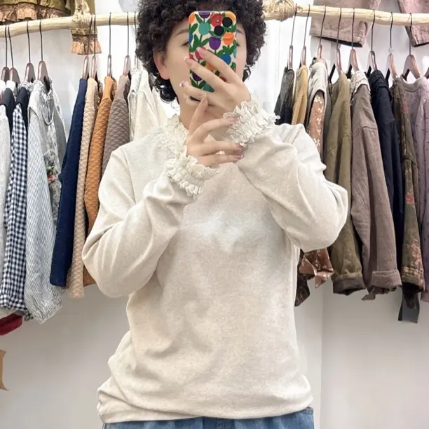 森系新款蕾丝花边领彩棉长袖打底衫