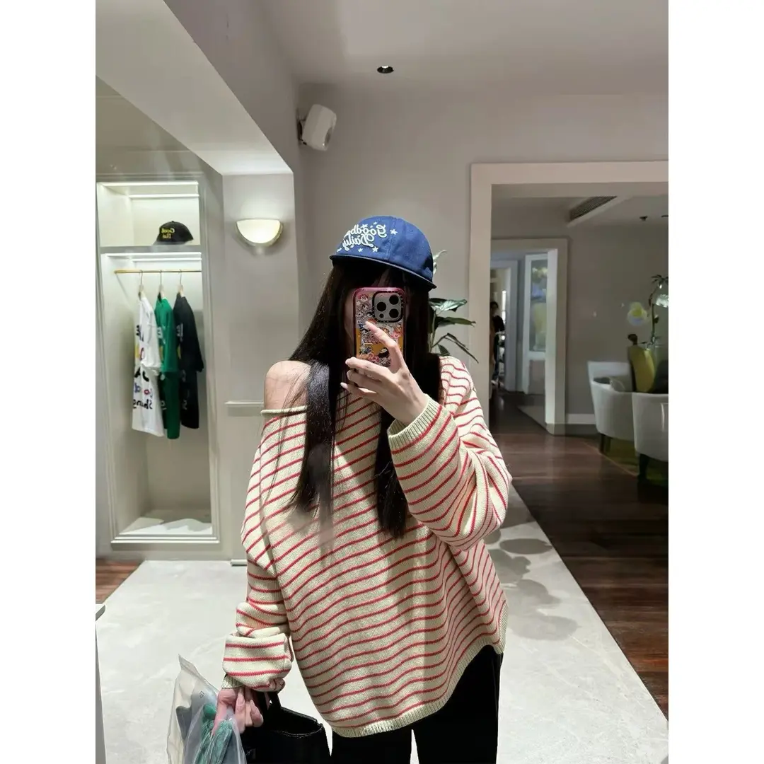 韩系慵懒风撞色条纹一字领毛衣女秋冬宽松显瘦oversize上衣