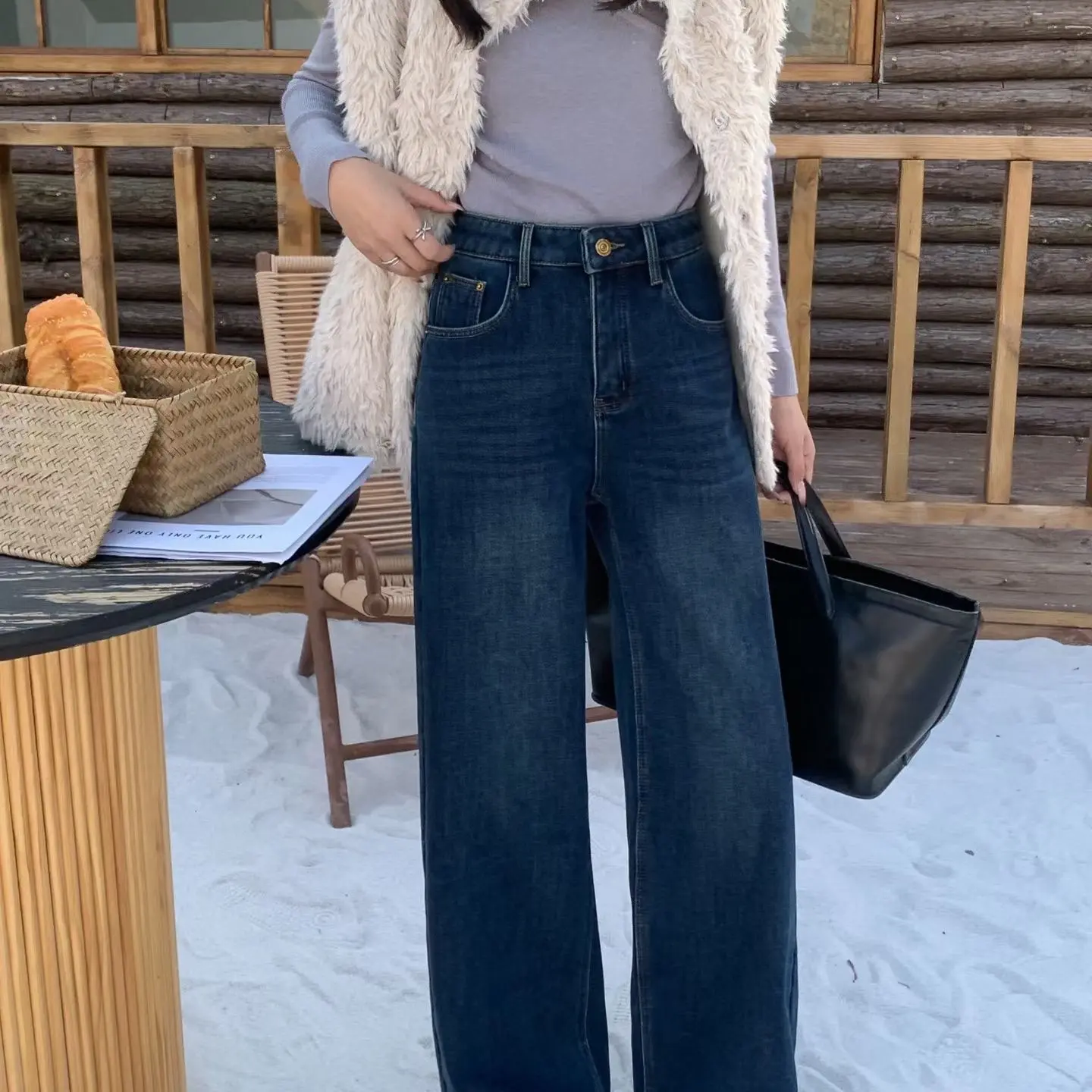 冬季加绒加厚复古蓝高腰直筒牛仔裤女显瘦韩版百搭休闲长裤9026