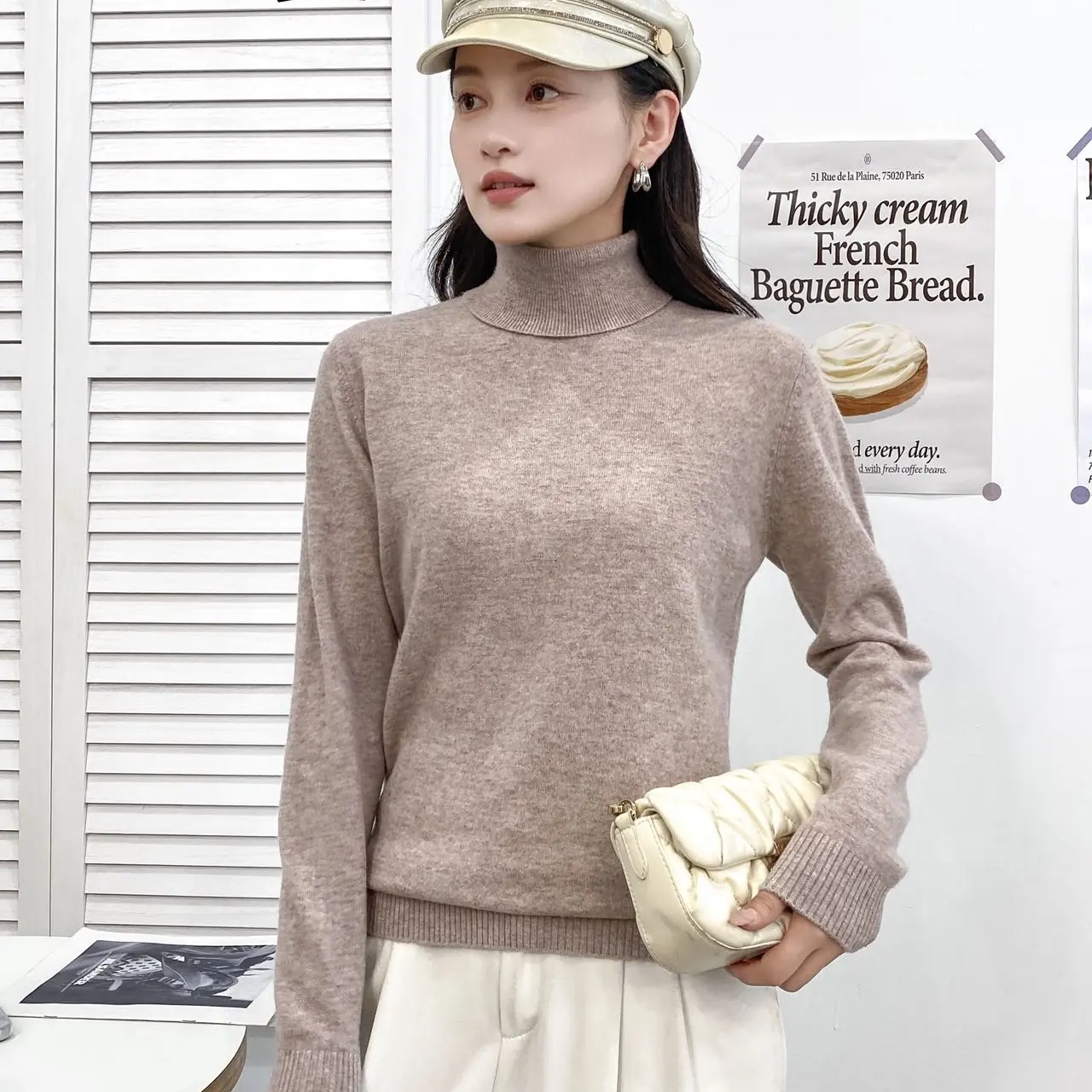 100%全羊毛女厚款修身显瘦高领毛衣套头高翻领纯色长袖羊毛针织衫