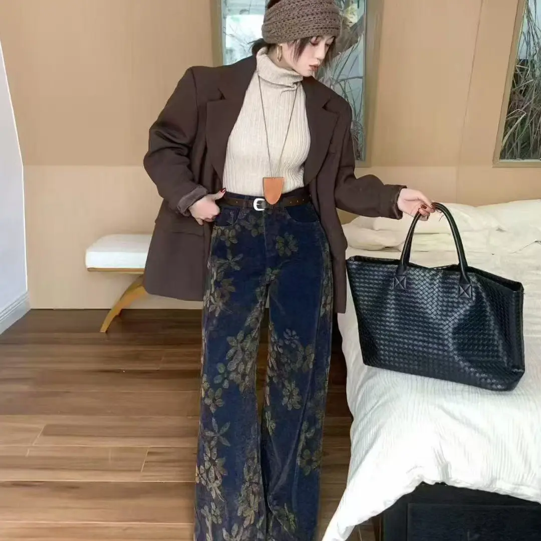 大美小美 冬季加绒高腰阔腿牛仔裤复古显瘦宽松百搭拖地长裤