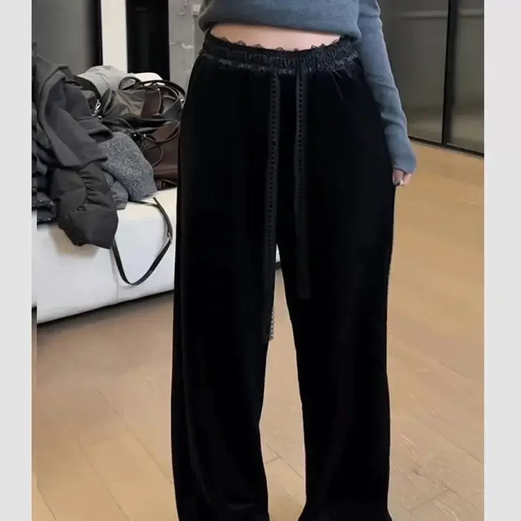 黑色金丝绒阔腿裤女秋冬加绒高腰直筒宽松显瘦休闲裤