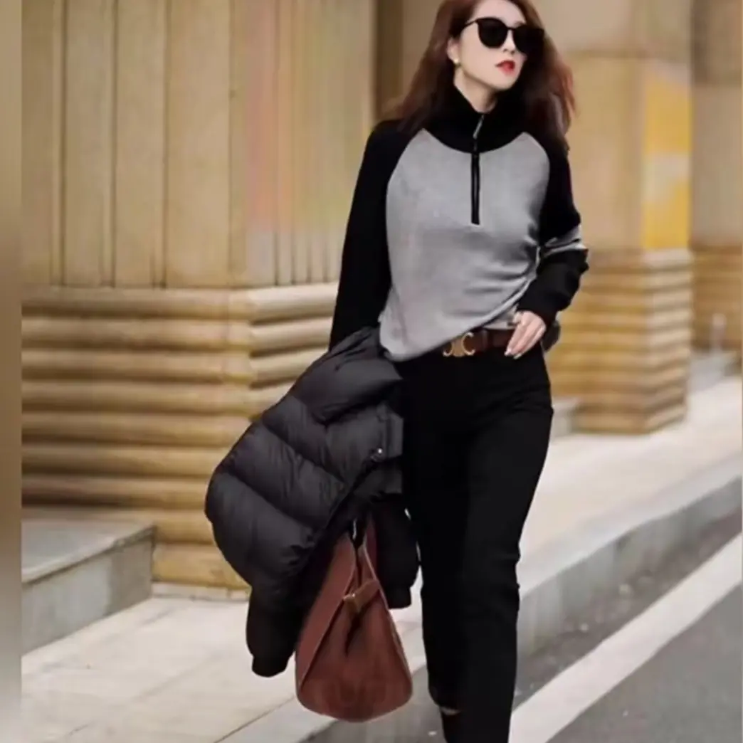 领姿711568春秋立领磨毛撞色插肩长袖毛衣