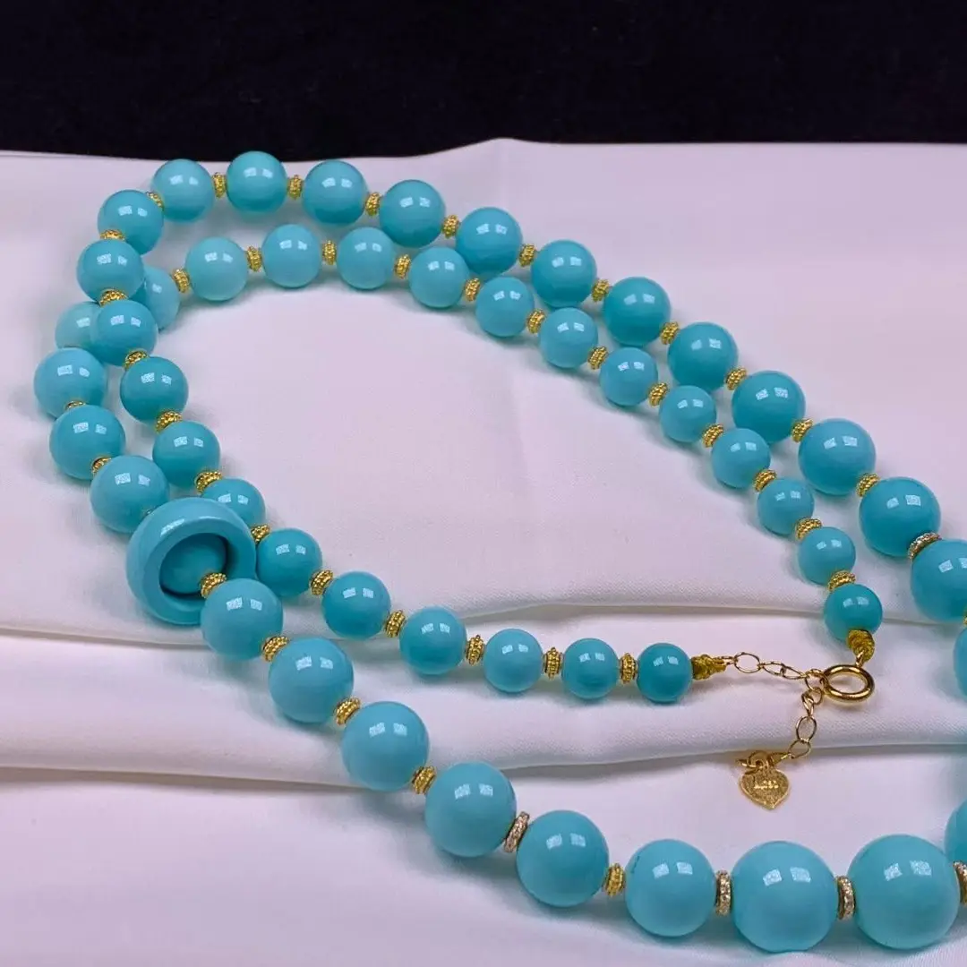 湖北原矿绿松石高瓷蓝圆珠塔链