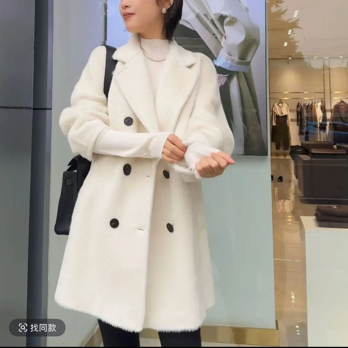 秋冬新款韩版中长款羊驼毛双面西装领加厚气质大衣