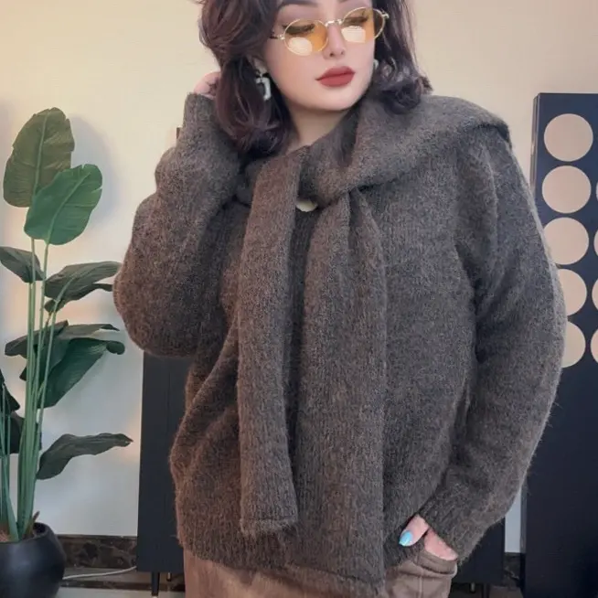 V领毛针织衫纯色《带披肩》