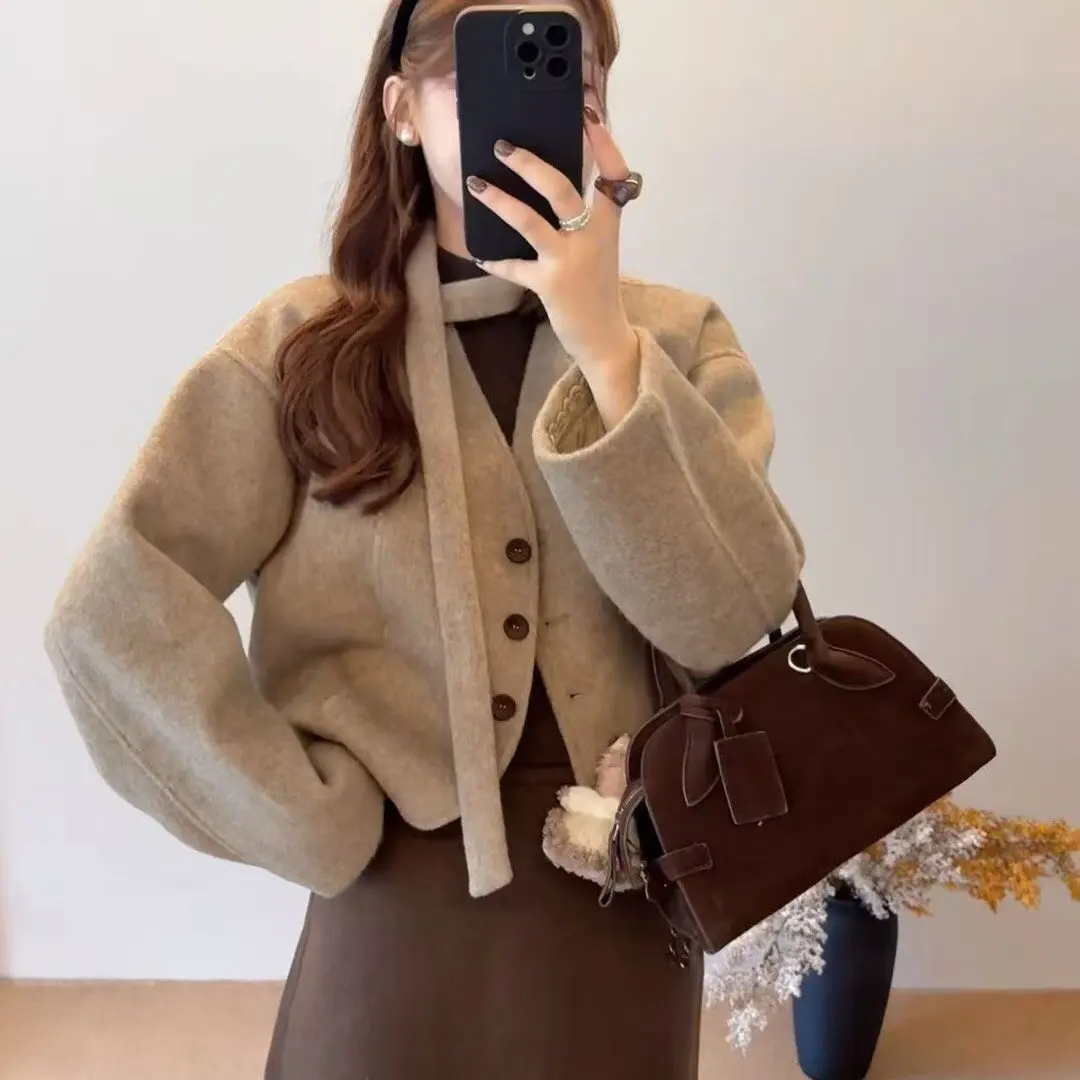 韩版宽松显瘦双面羊绒大衣女短款V领秋冬呢子外套