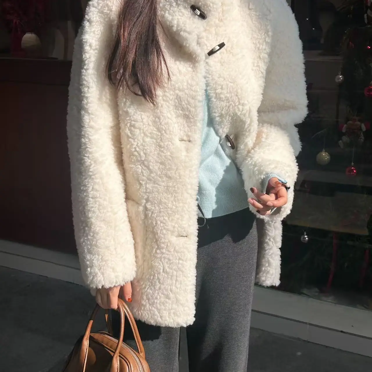 （非图片款）冬季女款慵懒风立领牛角扣毛茸茸保暖百搭外套