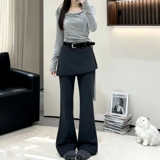 加绒加厚高腰松紧腰屁帘假两件微喇裤女显瘦休闲长裤配腰带冬季