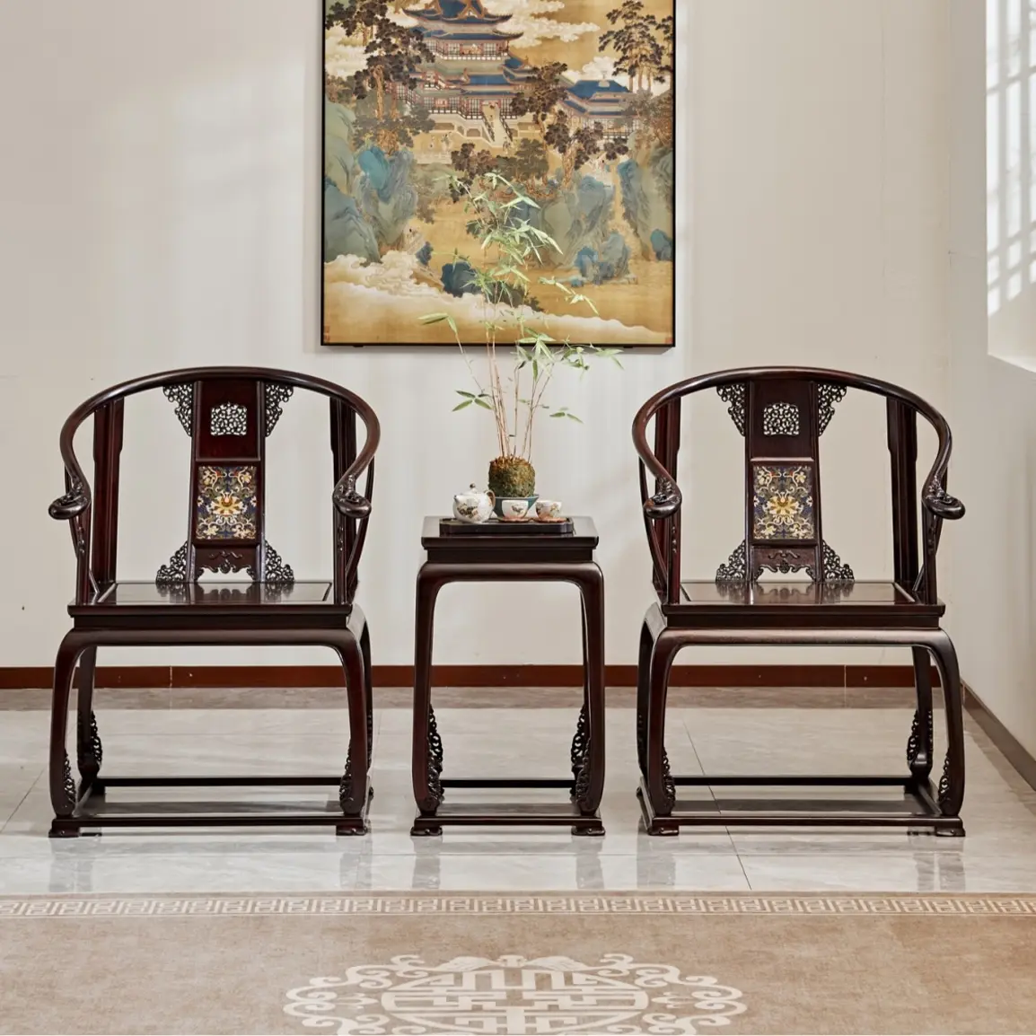 【朴雅】赞比亚血檀景泰蓝皇宫椅三件套