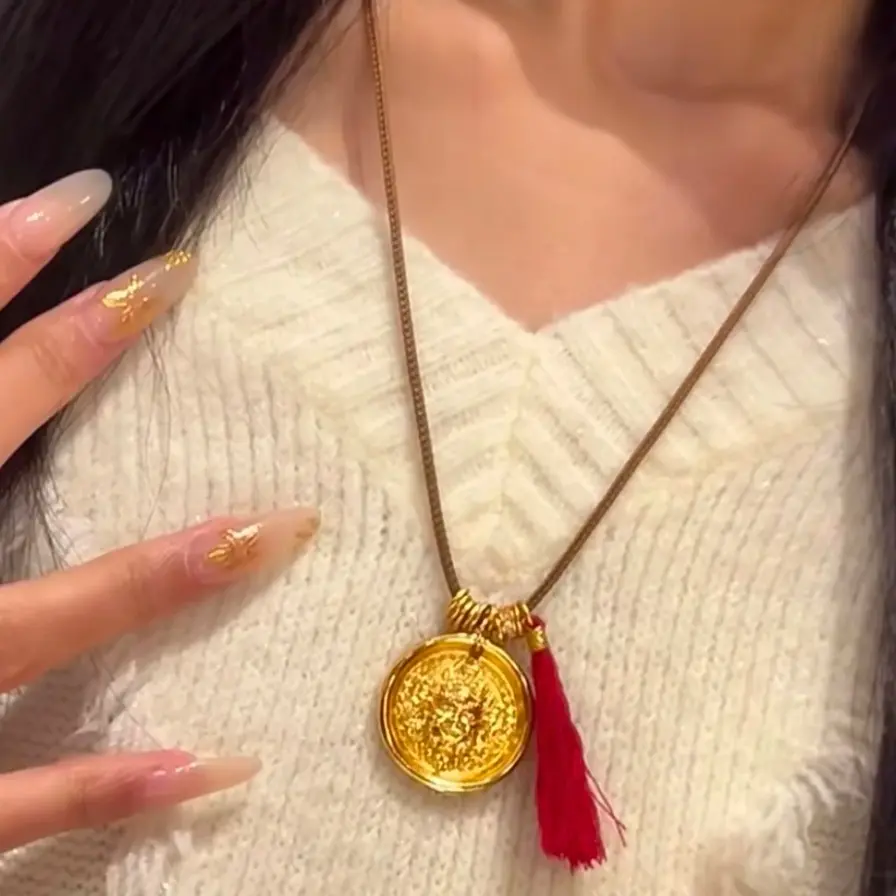 铜合金吊坠 铜合金国潮黄财神圆牌配件锤纹盘缠礼物