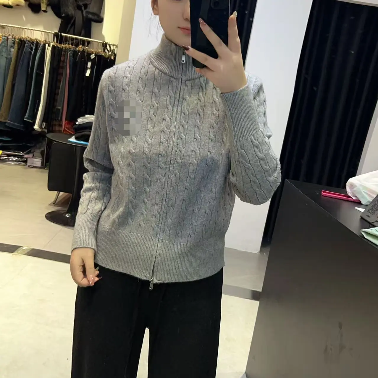 冬款新款时尚休闲绞花针织双拉链开衫女上衣超细