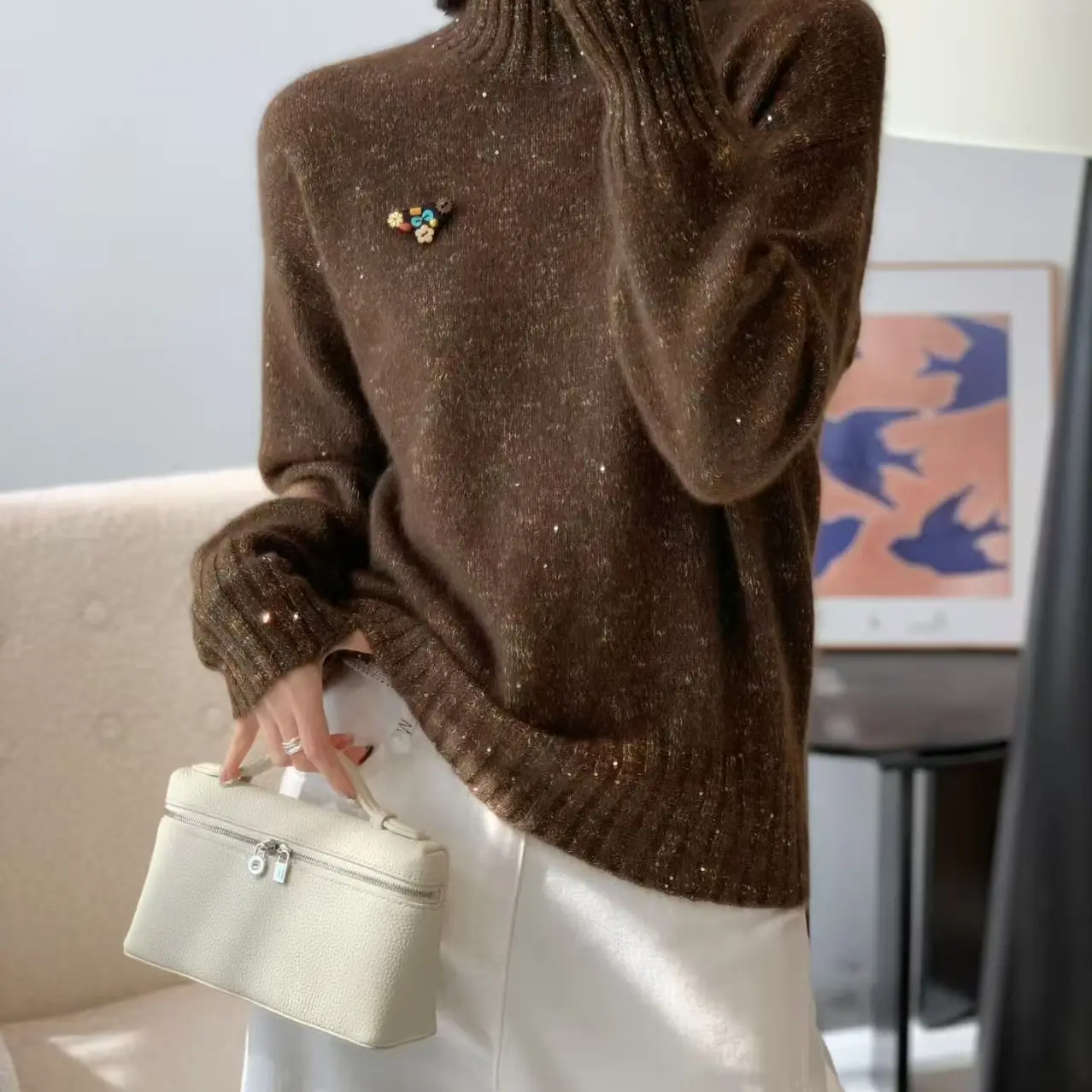 女士冬季新款高档加厚针织半高领山羊绒打底毛衣