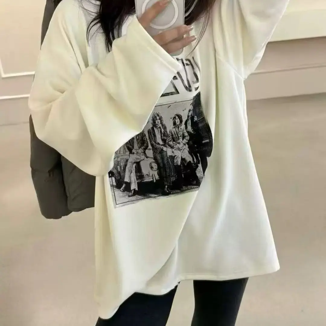 3689【蛋娘专属】长袖圆领加绒慵懒风宽松秋冬T恤女时尚内搭打底衫