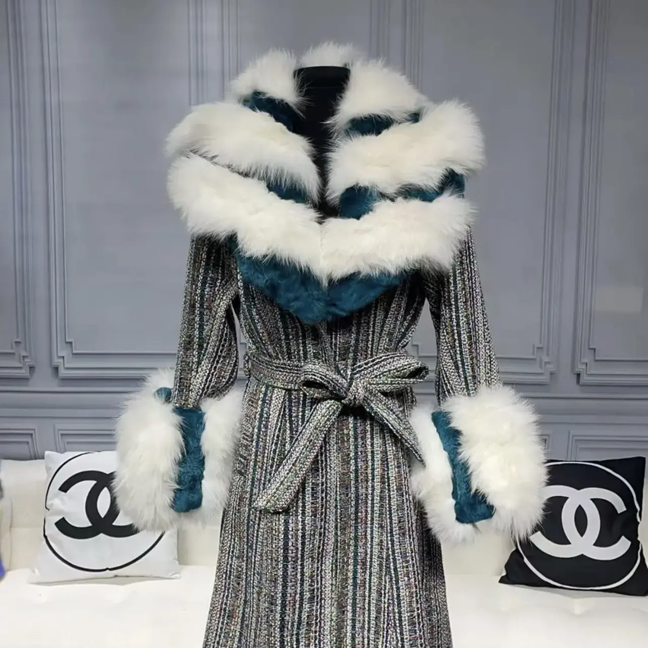 厚款女中长款毛呢外套秋冬外套拼接女款大衣加厚轻奢外套女装