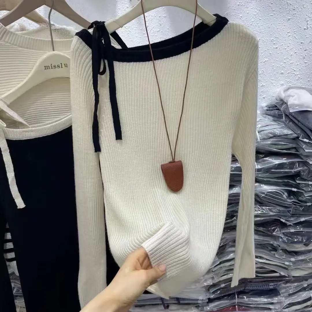 秋冬小个子显瘦长袖百搭漏肩绑带针织衫