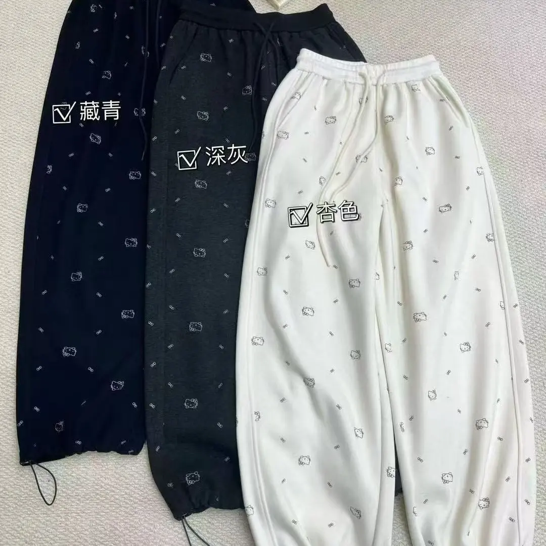 秋冬加绒印花高腰显瘦阔腿休闲裤百搭新款