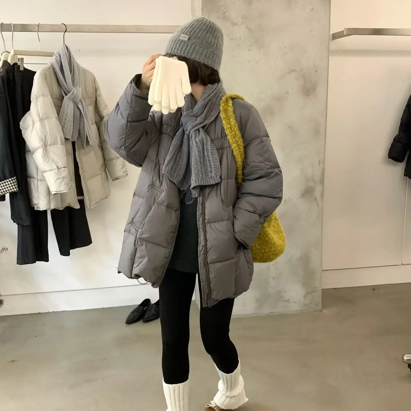 韩版中长款羽羽女欧洲站2025年冬季新款针织围脖显瘦白鸭绒外套