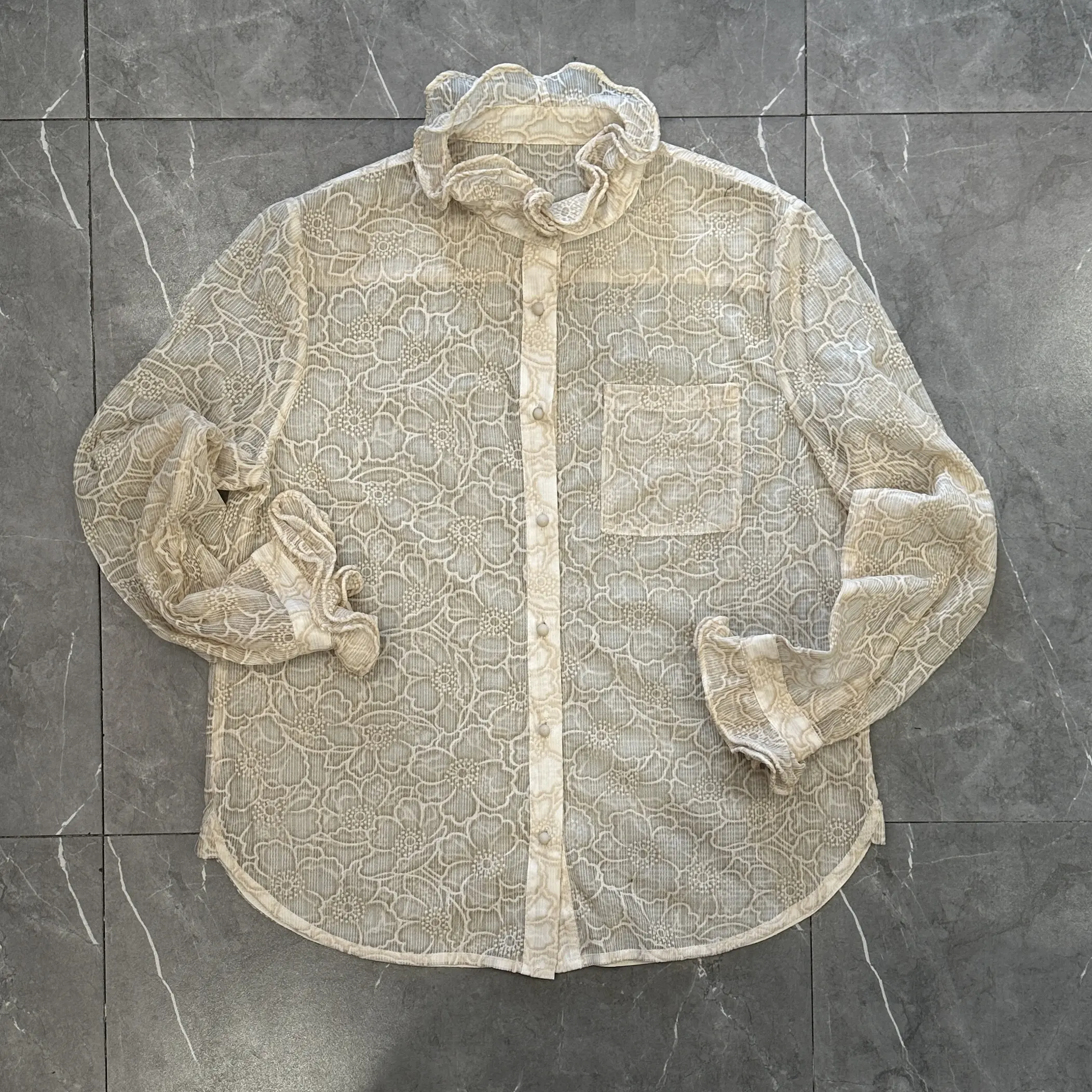 (XINGQIBA)蕾丝提花木耳边花瓣领绣花高级感微透开衫衬衣