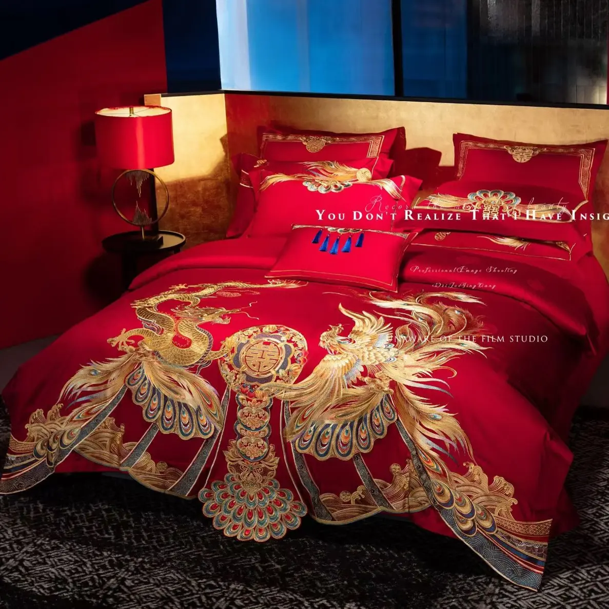 【喜嫁】高端婚庆大红色全棉长绒棉龙凤刺绣四件套加厚。 九五至尊