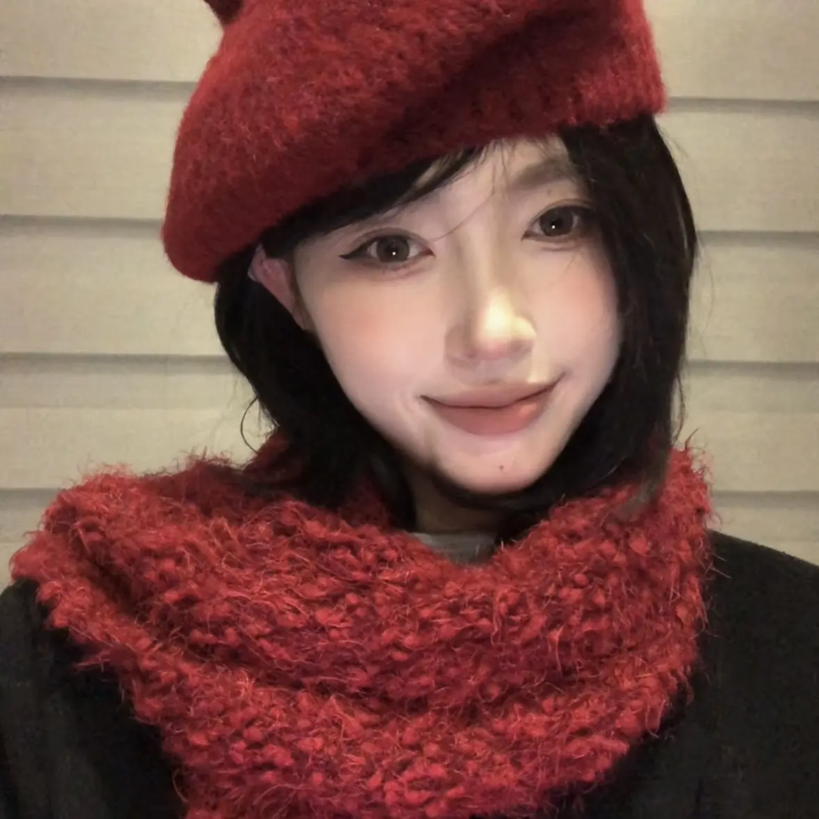 【圣诞】红色帽子围巾套装贝雷帽冬季毛呢韩版复古秋冬氛围女
