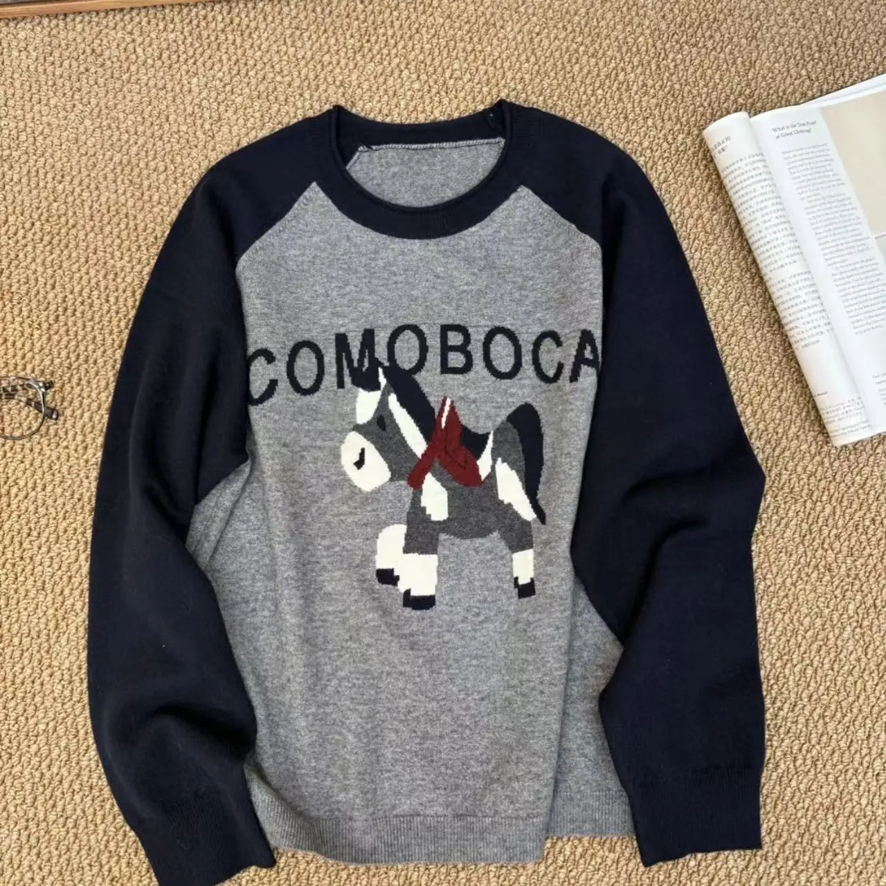 卡通撞色拼接圆领针织衫学院风减龄休闲宽松套头款线衫上衣