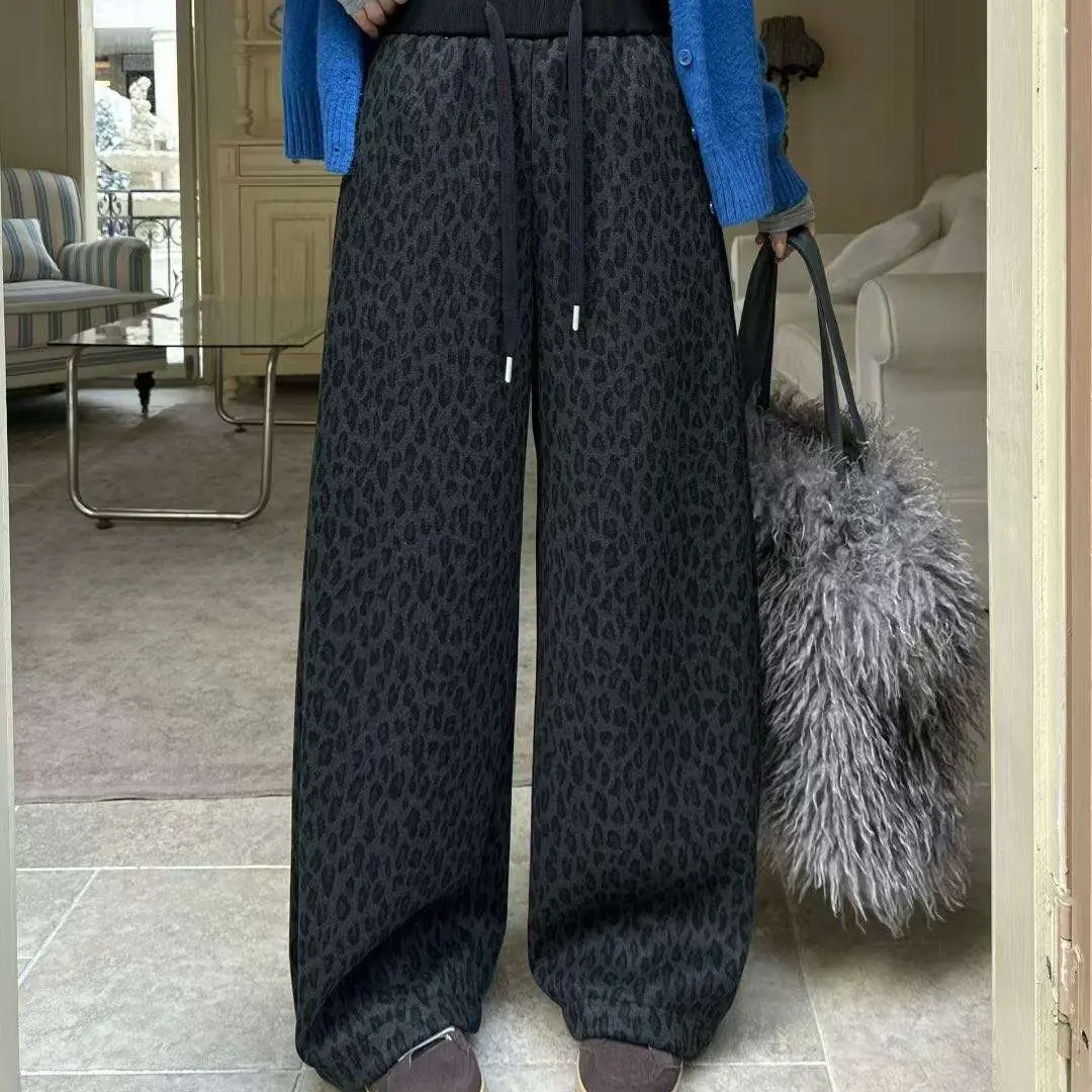 高端欧货羊毛呢秋冬款加绒加厚豹纹高腰显瘦阔腿休闲裤女