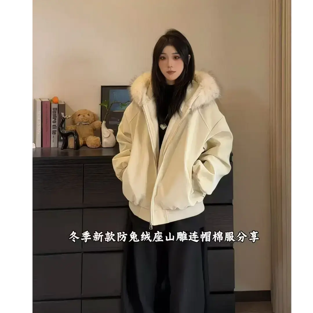 冬季新款PU皮座山雕棉服男女同款百搭加厚保暖大理石情侣装棉衣