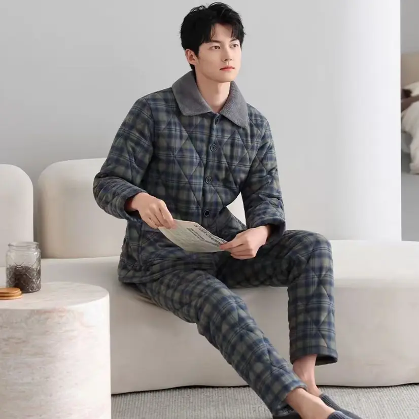 冬季巨保暖加厚梭织三层夹棉可外穿男士格子家居服套装