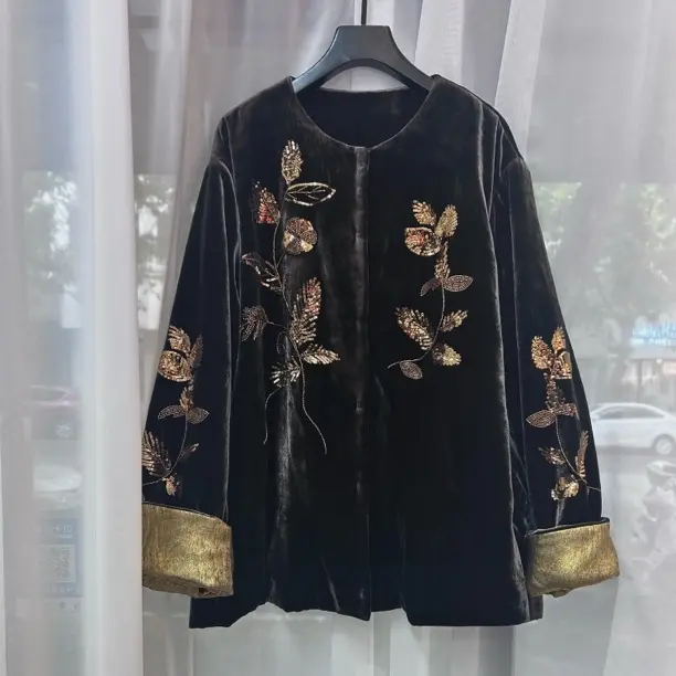 手工钉珠新中式国风桑蚕丝丝绒棉服女士宽松大码休闲复古外套