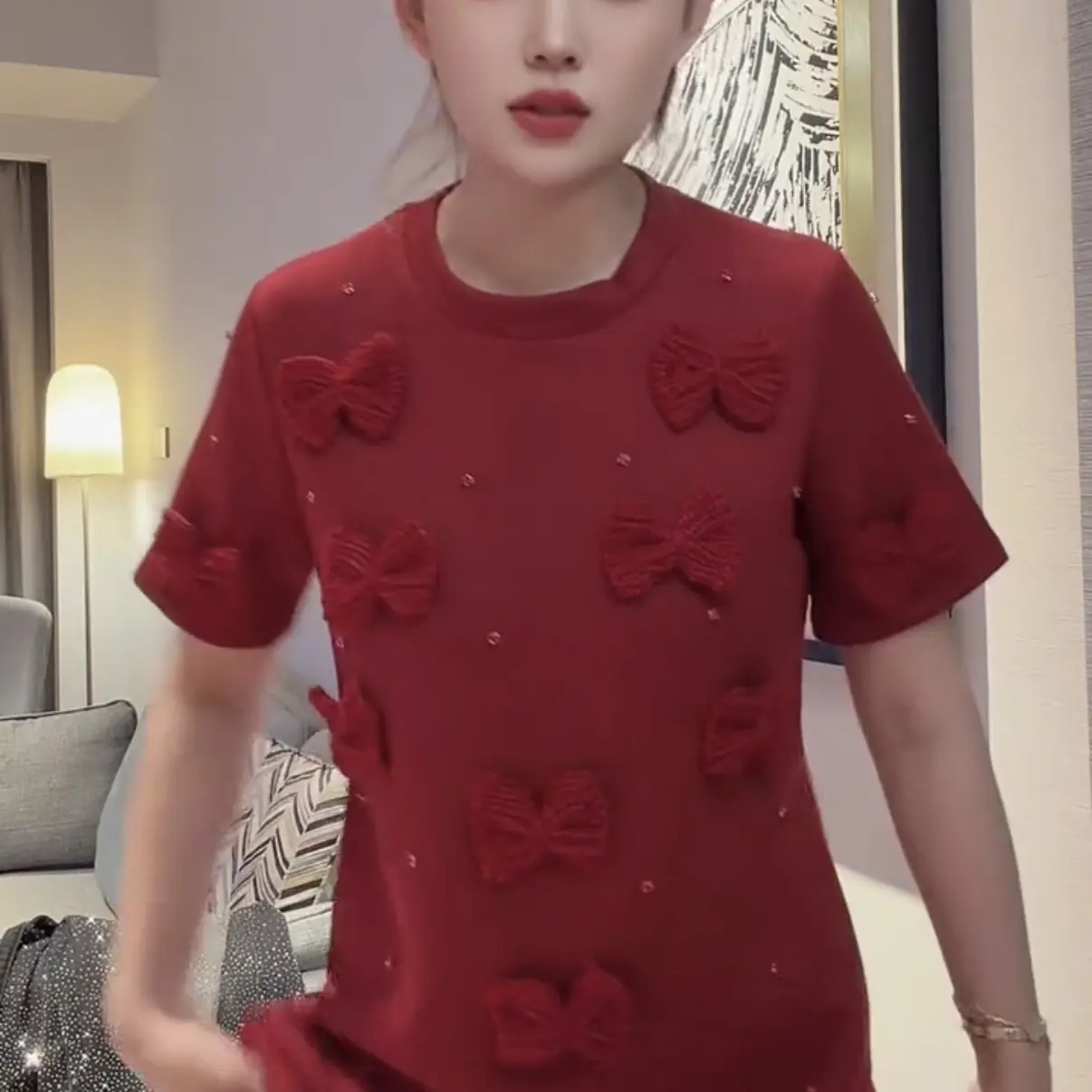 秋冬时尚显瘦气质半袖立体大衫裙舒适百搭洋气女上衣红色重工钉珠