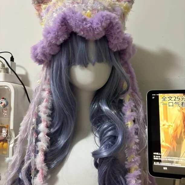 纯手工钩织现货紫色韵妹，猫耳渔夫帽